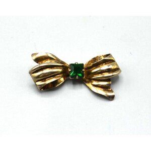 Sterling Silver Bow Brooch w Green Gem Bond Boyd Sterling Stamp 1.5" 3.6g